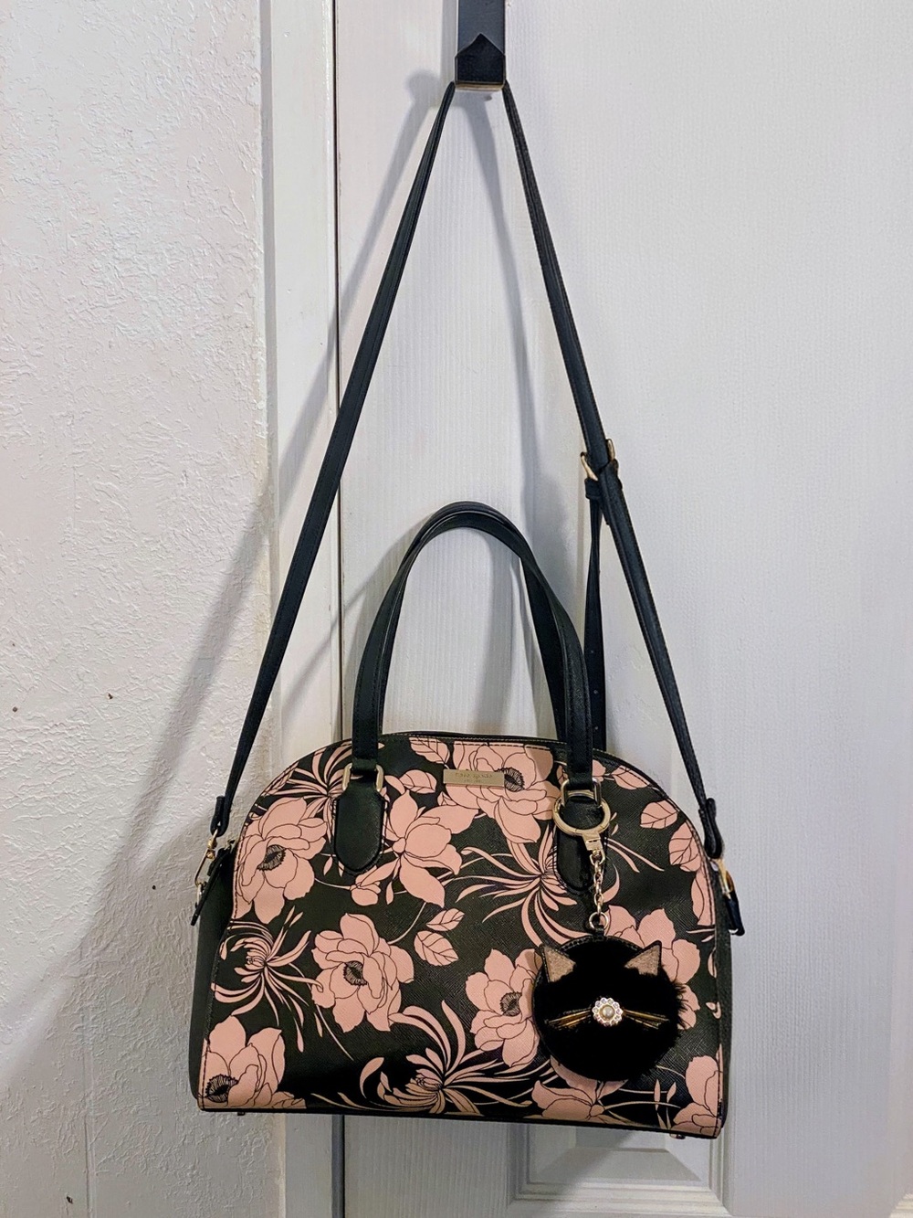 Kate Spade New York Lourel Way Gardenia Satchel & Black Cat Pouf Charm So Nice!!